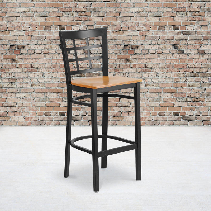 SINGLEWAVE Series Black Window Back Metal Restaurant Barstool - Natural Wood Seat