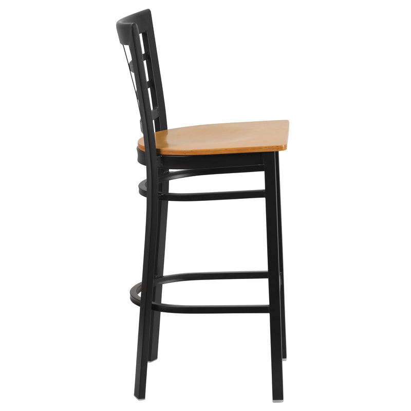 SINGLEWAVE Series Black Window Back Metal Restaurant Barstool - Natural Wood Seat