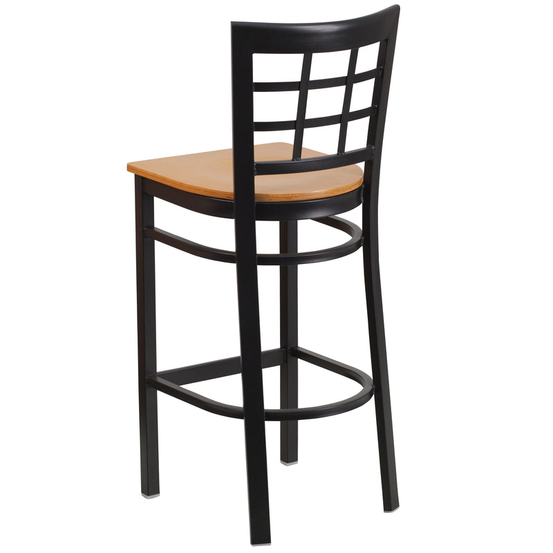 SINGLEWAVE Series Black Window Back Metal Restaurant Barstool - Natural Wood Seat