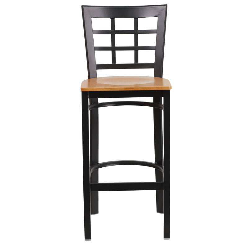 SINGLEWAVE Series Black Window Back Metal Restaurant Barstool - Natural Wood Seat