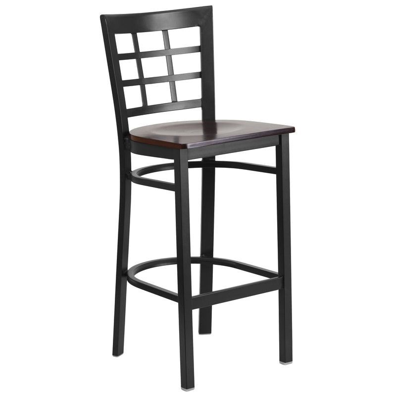 SINGLEWAVE Series Black Window Back Metal Restaurant Barstool - Walnut Wood Seat