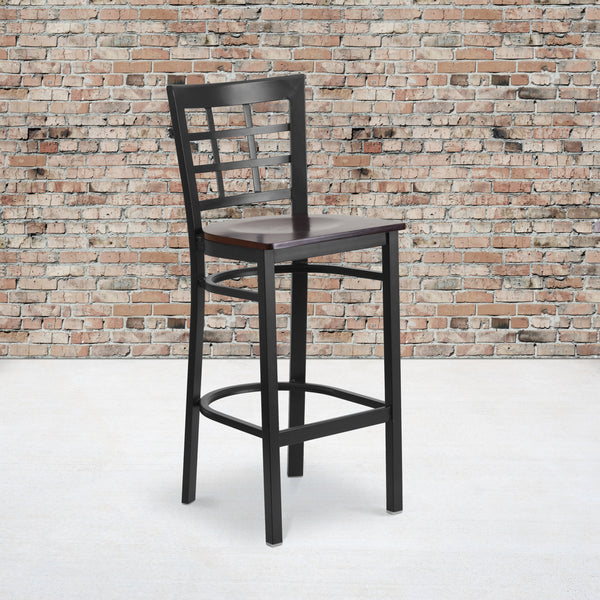 SINGLEWAVE Series Black Window Back Metal Restaurant Barstool - Walnut Wood Seat