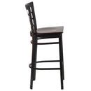 SINGLEWAVE Series Black Window Back Metal Restaurant Barstool - Walnut Wood Seat