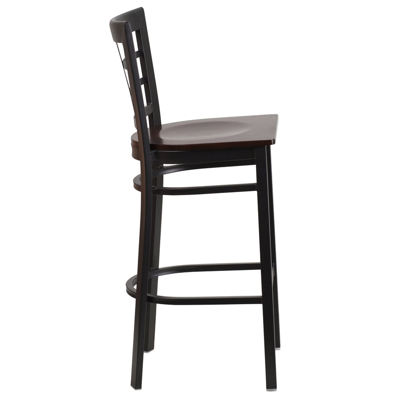 SINGLEWAVE Series Black Window Back Metal Restaurant Barstool - Walnut Wood Seat