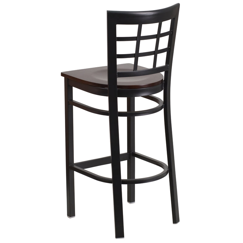 SINGLEWAVE Series Black Window Back Metal Restaurant Barstool - Walnut Wood Seat