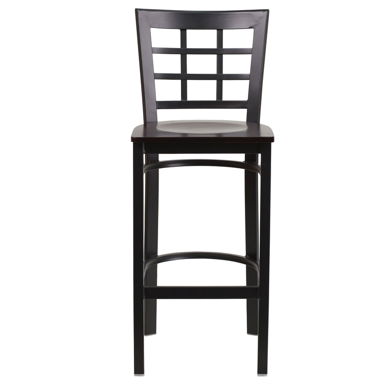 SINGLEWAVE Series Black Window Back Metal Restaurant Barstool - Walnut Wood Seat