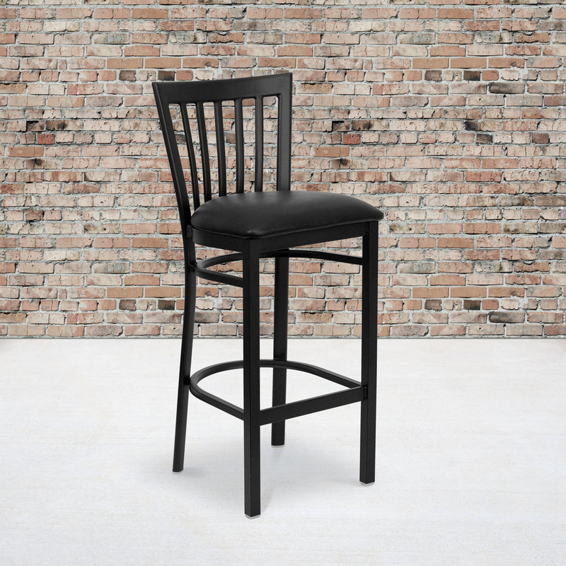 SINGLEWAVE Series Black School House Back Metal Restaurant Barstool - Black Vinyl Seat