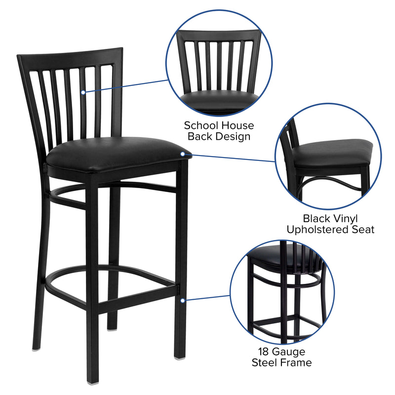 SINGLEWAVE Series Black School House Back Metal Restaurant Barstool - Black Vinyl Seat