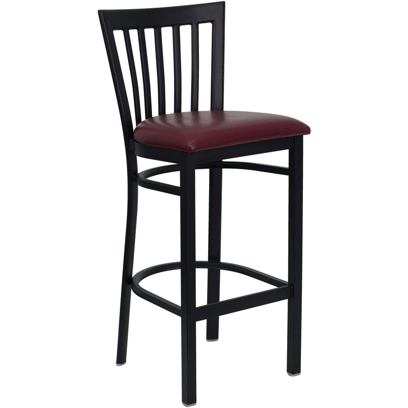 SINGLEWAVE Series Black School House Back Metal Restaurant Barstool - Burgundy Vinyl Seat