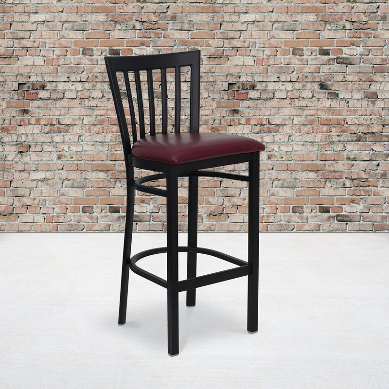 SINGLEWAVE Series Black School House Back Metal Restaurant Barstool - Burgundy Vinyl Seat