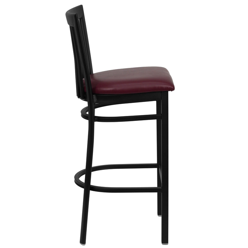 SINGLEWAVE Series Black School House Back Metal Restaurant Barstool - Burgundy Vinyl Seat