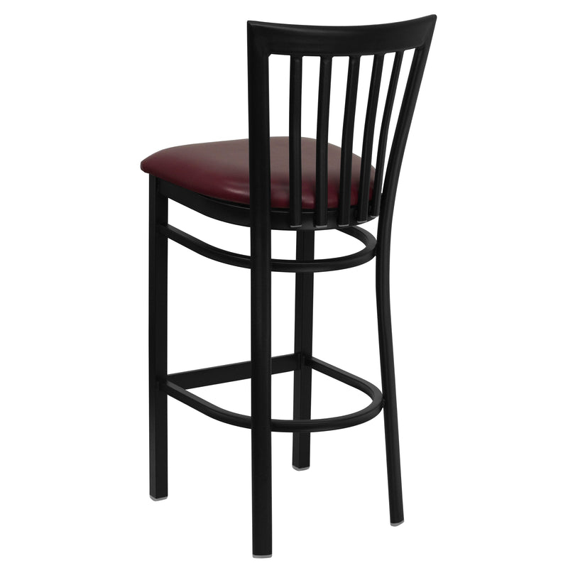 SINGLEWAVE Series Black School House Back Metal Restaurant Barstool - Burgundy Vinyl Seat