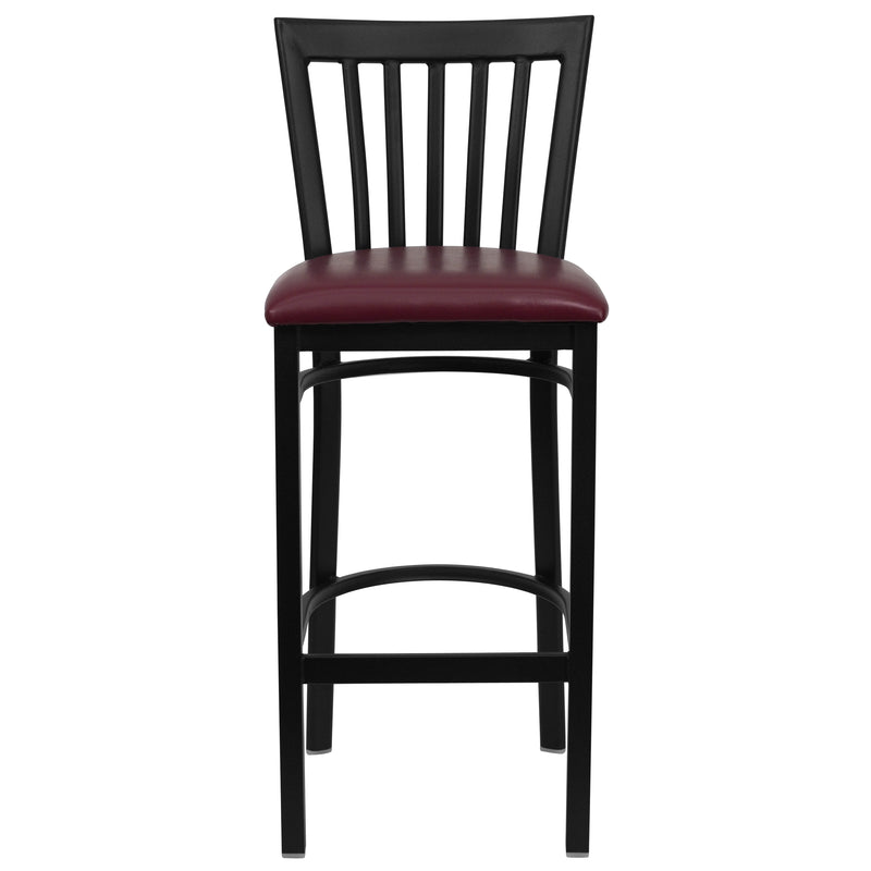 SINGLEWAVE Series Black School House Back Metal Restaurant Barstool - Burgundy Vinyl Seat