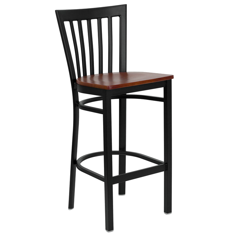 SINGLEWAVE Series Black School House Back Metal Restaurant Barstool - Cherry Wood Seat