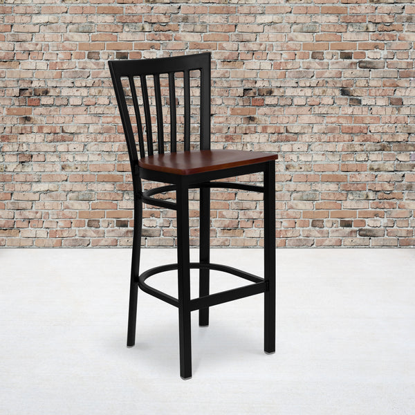 SINGLEWAVE Series Black School House Back Metal Restaurant Barstool - Cherry Wood Seat