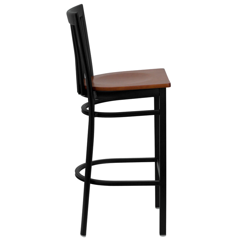 SINGLEWAVE Series Black School House Back Metal Restaurant Barstool - Cherry Wood Seat