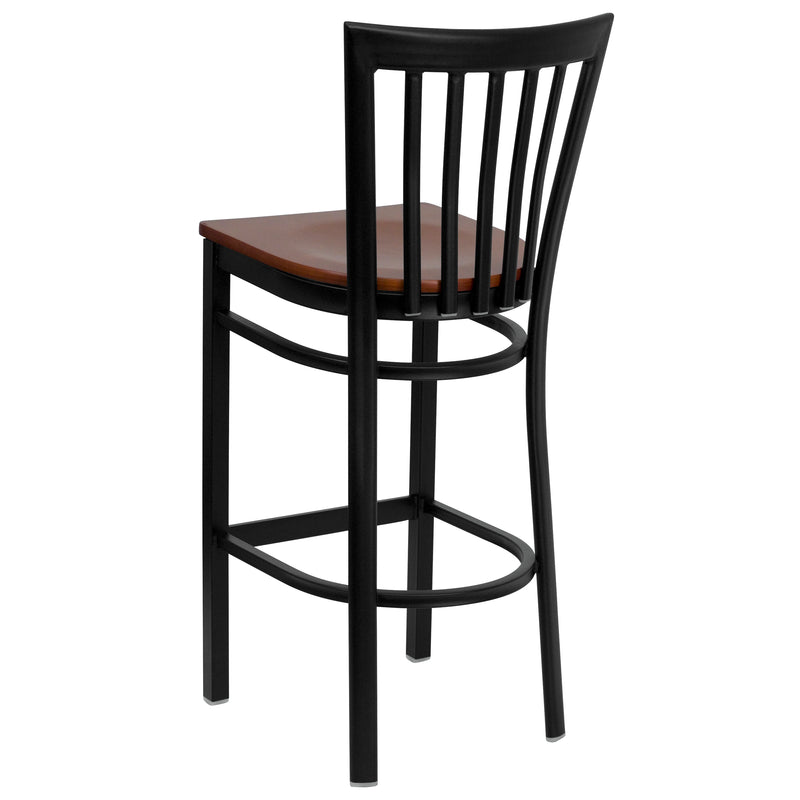 SINGLEWAVE Series Black School House Back Metal Restaurant Barstool - Cherry Wood Seat