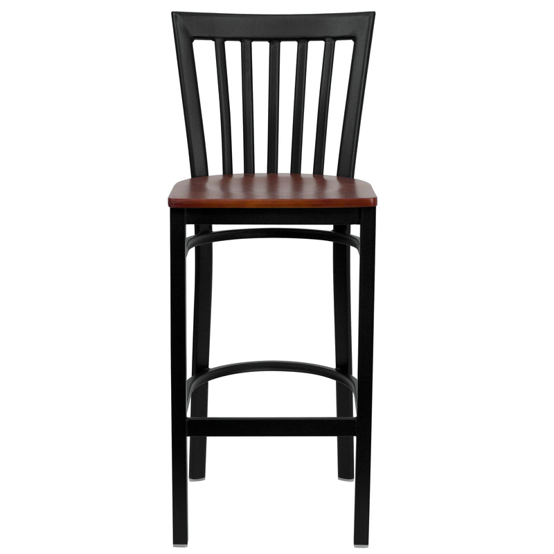 SINGLEWAVE Series Black School House Back Metal Restaurant Barstool - Cherry Wood Seat