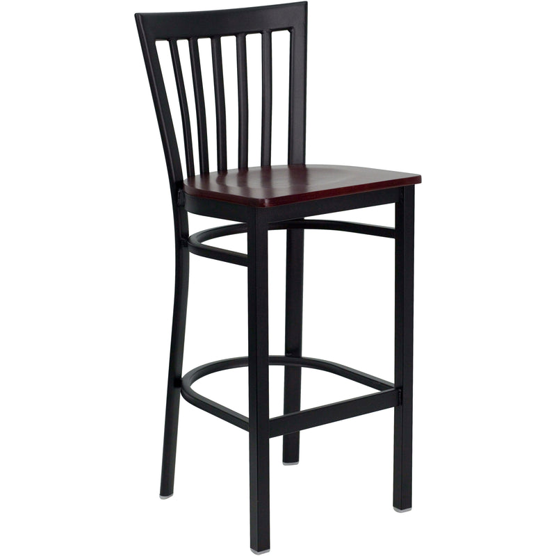 SINGLEWAVE Series Black School House Back Metal Restaurant Barstool - Mahogany Wood Seat