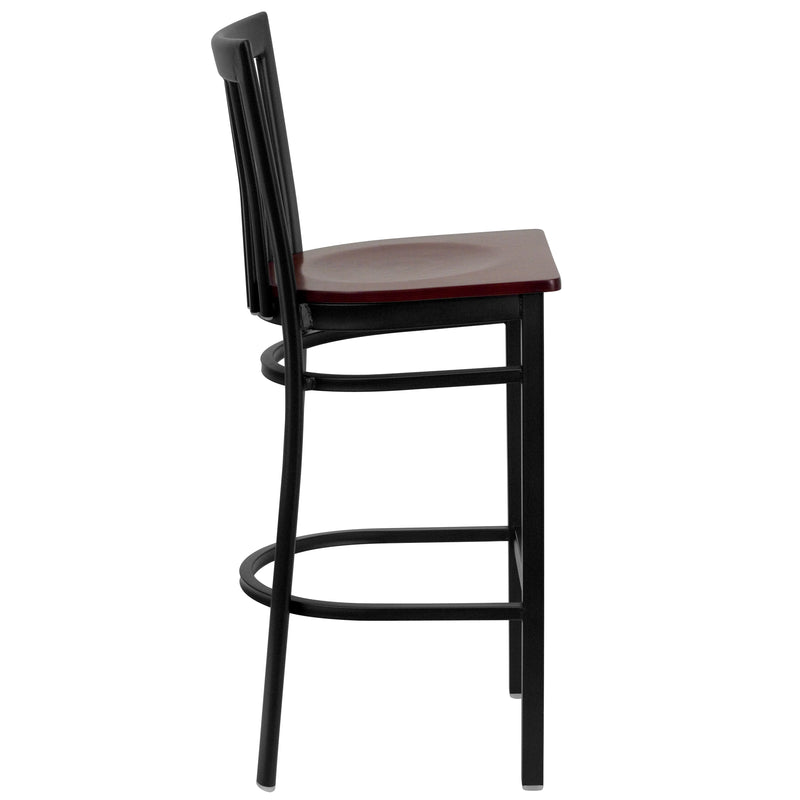 SINGLEWAVE Series Black School House Back Metal Restaurant Barstool - Mahogany Wood Seat