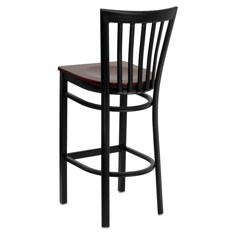 SINGLEWAVE Series Black School House Back Metal Restaurant Barstool - Mahogany Wood Seat