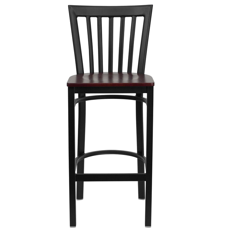 SINGLEWAVE Series Black School House Back Metal Restaurant Barstool - Mahogany Wood Seat