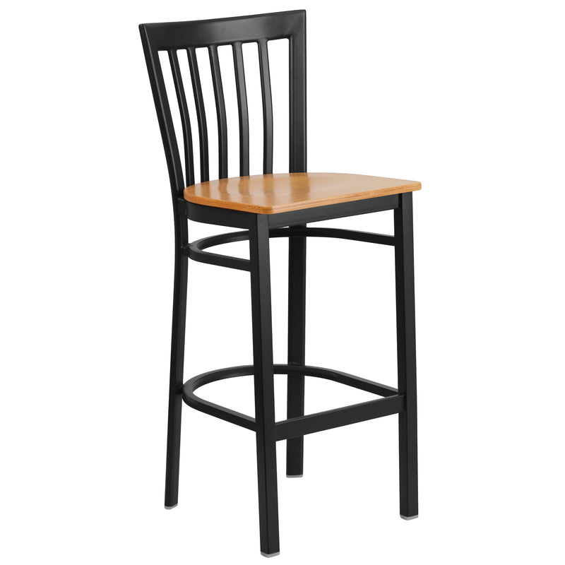 SINGLEWAVE Series Black School House Back Metal Restaurant Barstool - Natural Wood Seat