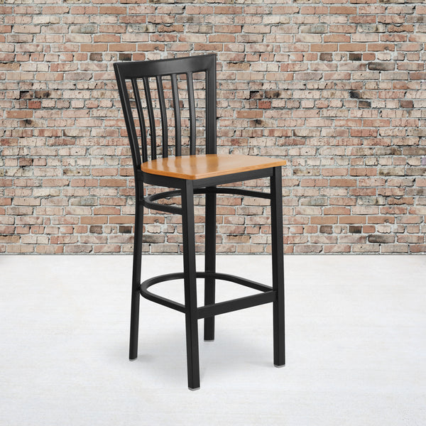 SINGLEWAVE Series Black School House Back Metal Restaurant Barstool - Natural Wood Seat