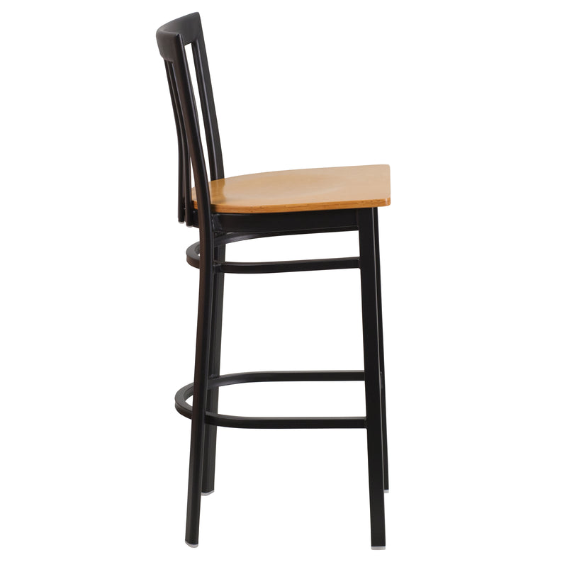 SINGLEWAVE Series Black School House Back Metal Restaurant Barstool - Natural Wood Seat