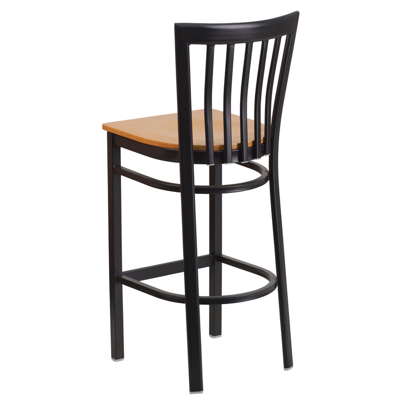 SINGLEWAVE Series Black School House Back Metal Restaurant Barstool - Natural Wood Seat