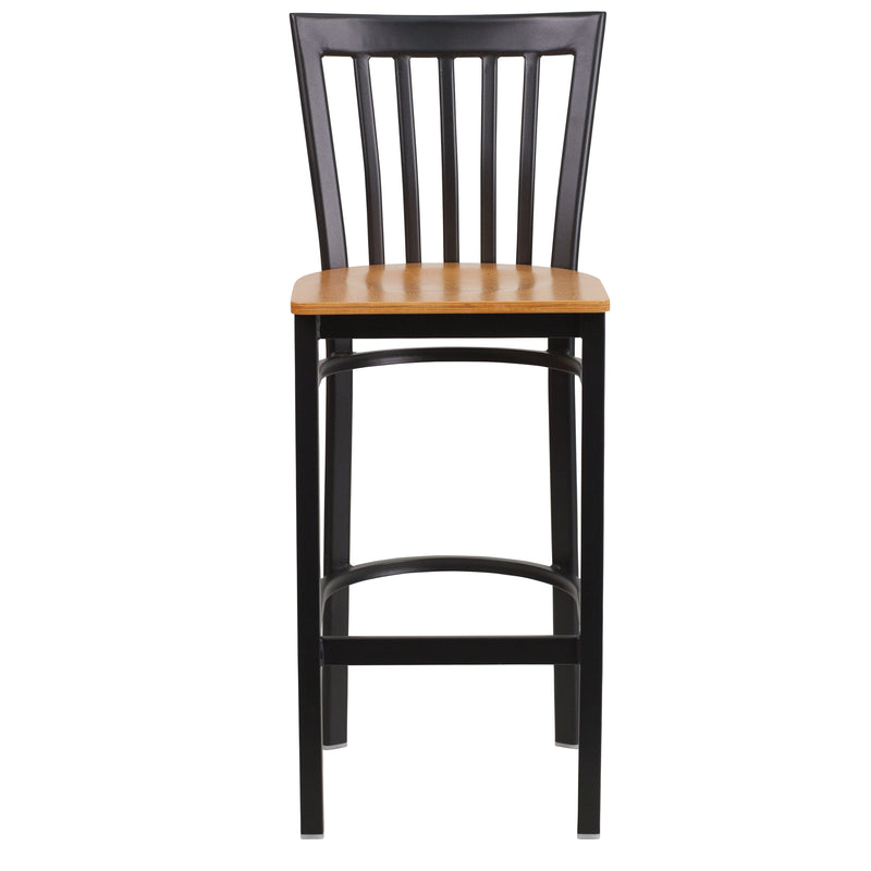 SINGLEWAVE Series Black School House Back Metal Restaurant Barstool - Natural Wood Seat