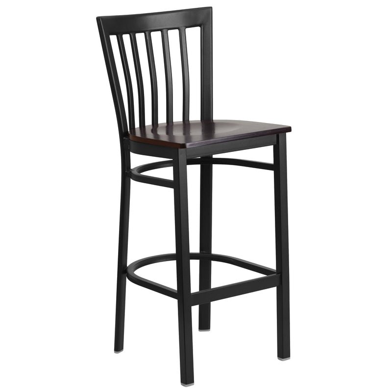 SINGLEWAVE Series Black School House Back Metal Restaurant Barstool - Walnut Wood Seat