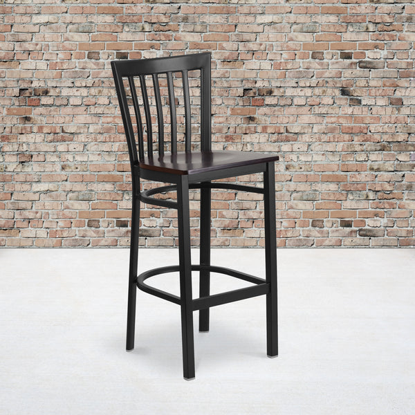 SINGLEWAVE Series Black School House Back Metal Restaurant Barstool - Walnut Wood Seat