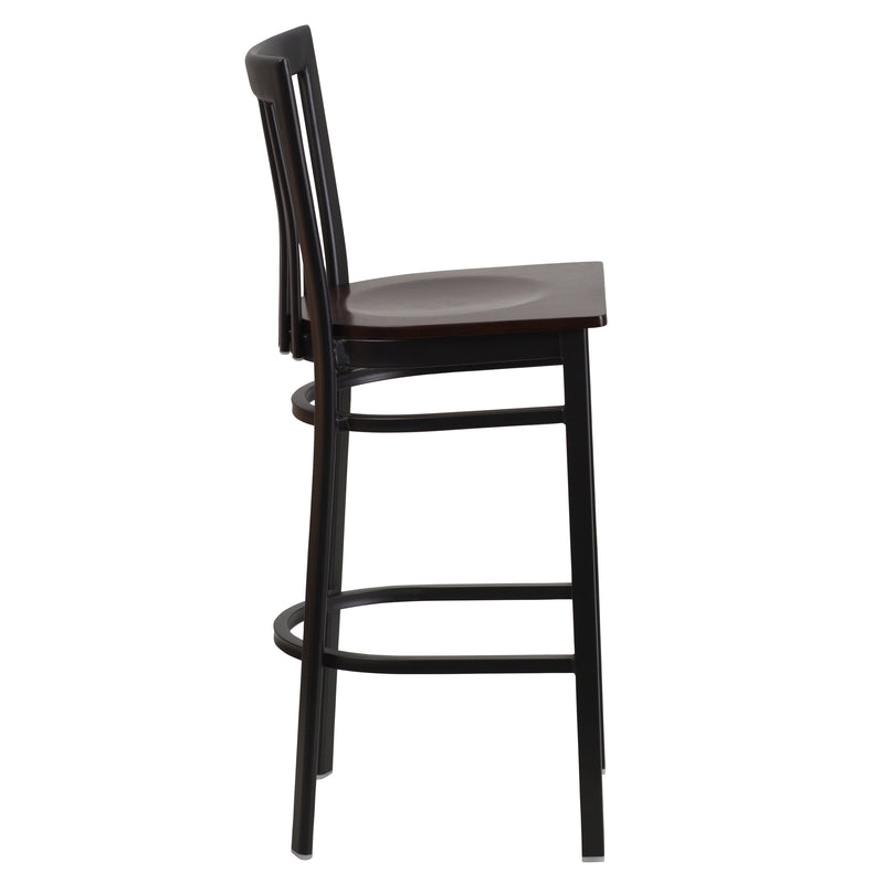 SINGLEWAVE Series Black School House Back Metal Restaurant Barstool - Walnut Wood Seat