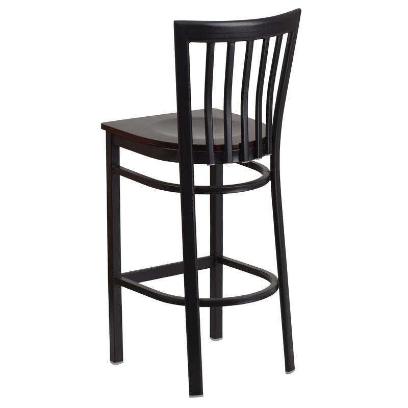 SINGLEWAVE Series Black School House Back Metal Restaurant Barstool - Walnut Wood Seat