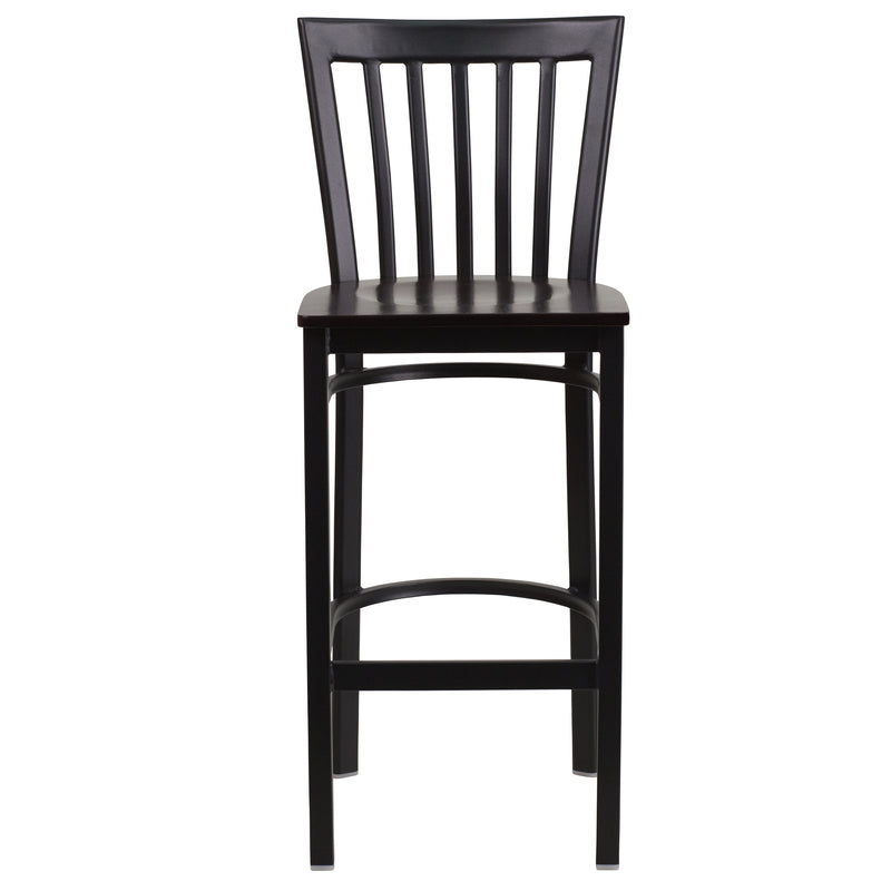 SINGLEWAVE Series Black School House Back Metal Restaurant Barstool - Walnut Wood Seat