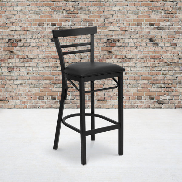 SINGLEWAVE Series Black Two-Slat Ladder Back Metal Restaurant Barstool - Black Vinyl Seat