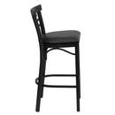 SINGLEWAVE Series Black Two-Slat Ladder Back Metal Restaurant Barstool - Black Vinyl Seat