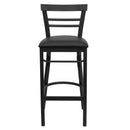 SINGLEWAVE Series Black Two-Slat Ladder Back Metal Restaurant Barstool - Black Vinyl Seat