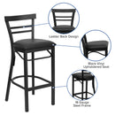 SINGLEWAVE Series Black Two-Slat Ladder Back Metal Restaurant Barstool - Black Vinyl Seat