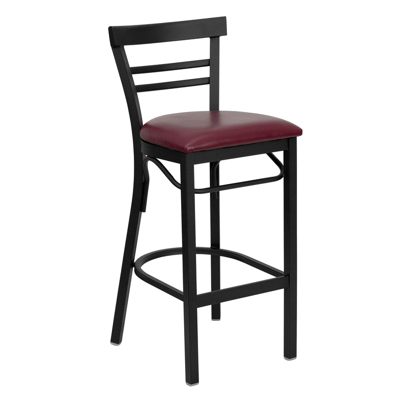 SINGLEWAVE Series Black Two-Slat Ladder Back Metal Restaurant Barstool - Burgundy Vinyl Seat