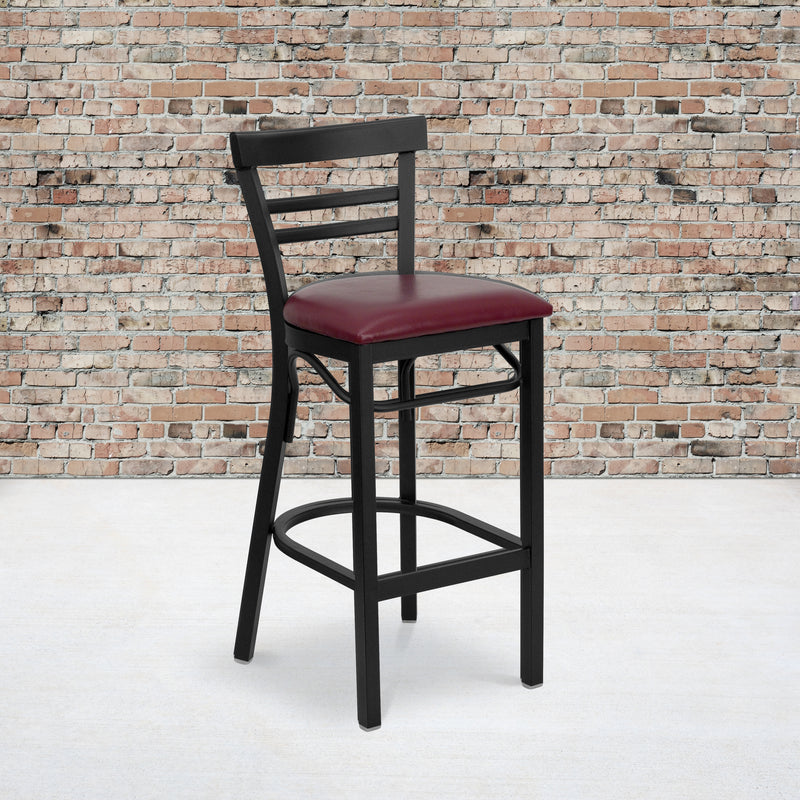 SINGLEWAVE Series Black Two-Slat Ladder Back Metal Restaurant Barstool - Burgundy Vinyl Seat