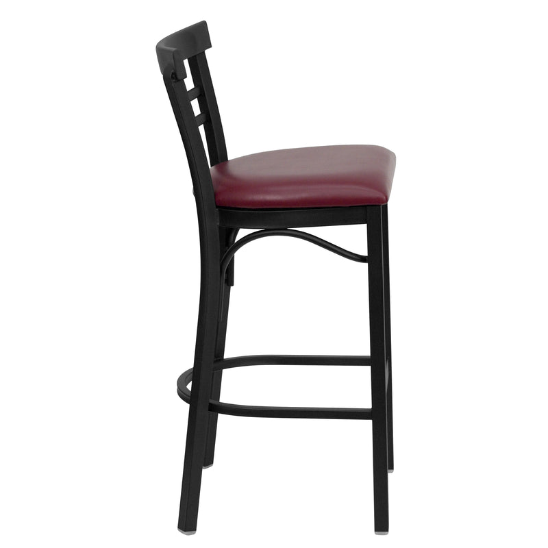 SINGLEWAVE Series Black Two-Slat Ladder Back Metal Restaurant Barstool - Burgundy Vinyl Seat