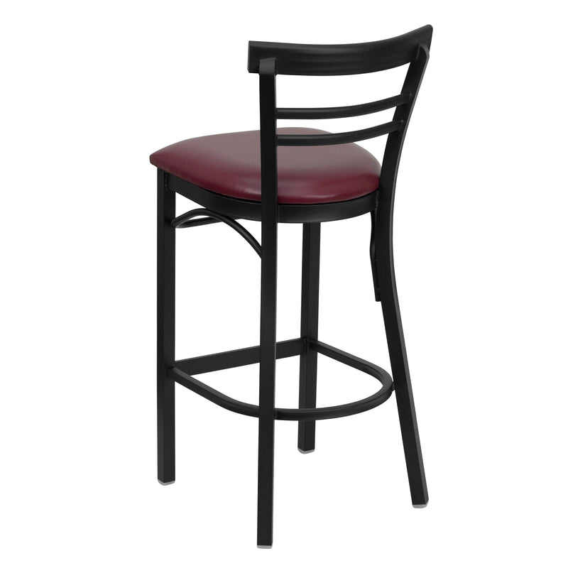 SINGLEWAVE Series Black Two-Slat Ladder Back Metal Restaurant Barstool - Burgundy Vinyl Seat