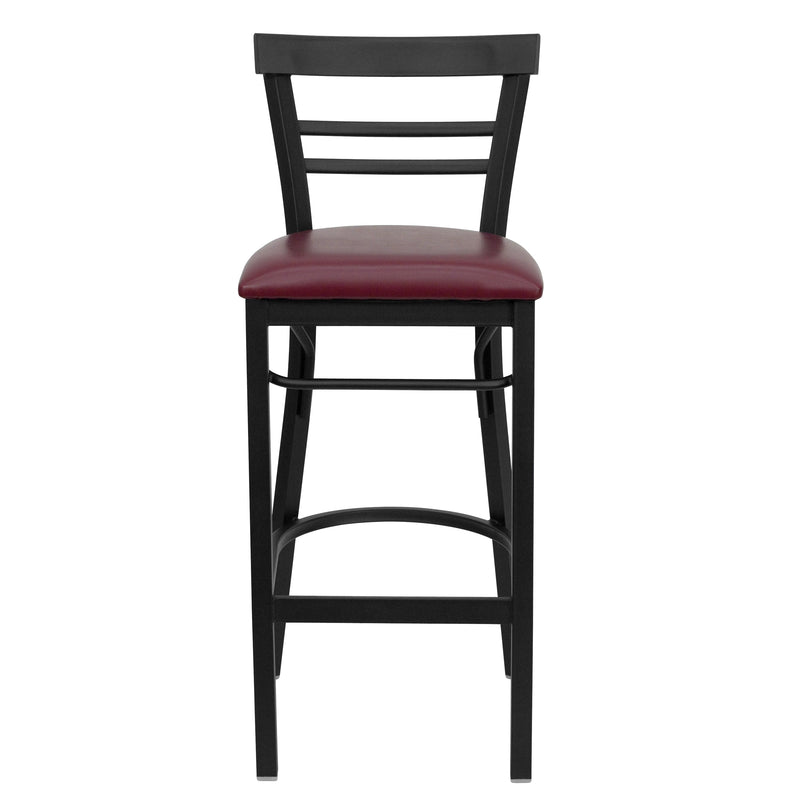 SINGLEWAVE Series Black Two-Slat Ladder Back Metal Restaurant Barstool - Burgundy Vinyl Seat