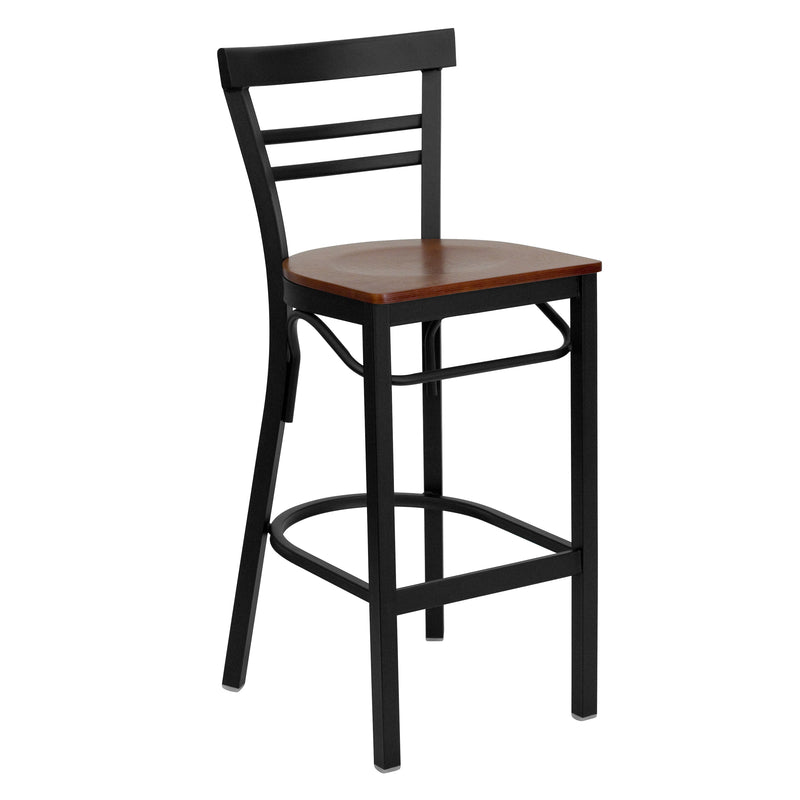 SINGLEWAVE Series Black Two-Slat Ladder Back Metal Restaurant Barstool - Cherry Wood Seat