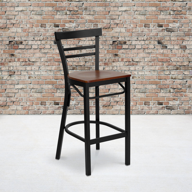 SINGLEWAVE Series Black Two-Slat Ladder Back Metal Restaurant Barstool - Cherry Wood Seat