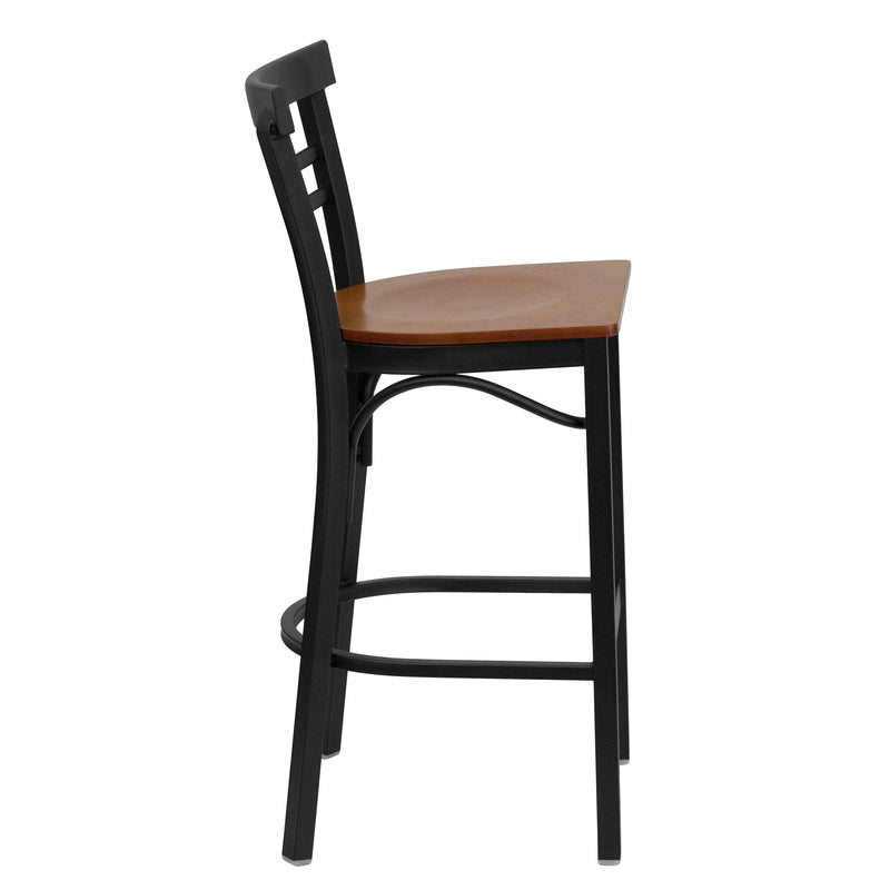 SINGLEWAVE Series Black Two-Slat Ladder Back Metal Restaurant Barstool - Cherry Wood Seat