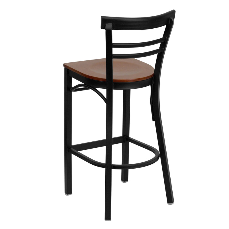 SINGLEWAVE Series Black Two-Slat Ladder Back Metal Restaurant Barstool - Cherry Wood Seat