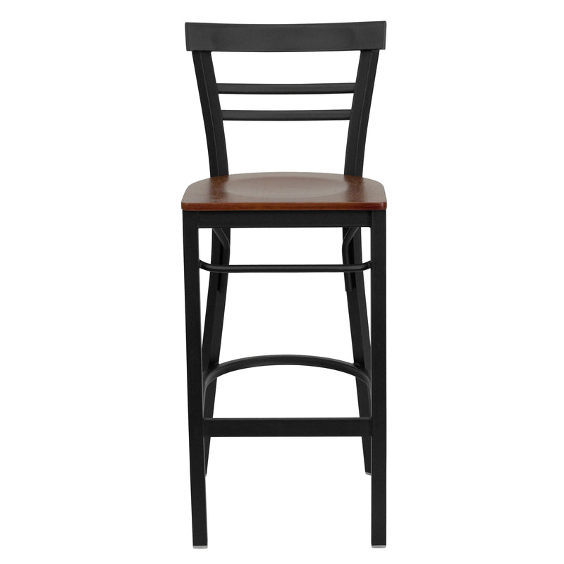 SINGLEWAVE Series Black Two-Slat Ladder Back Metal Restaurant Barstool - Cherry Wood Seat